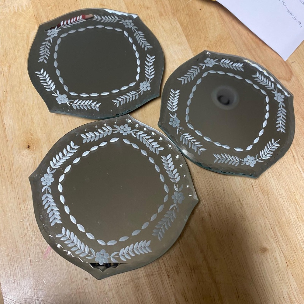 Vintage Venetian Style Beveled Etched Wall Mirror Set of 3 Floral Scalloped 5 in